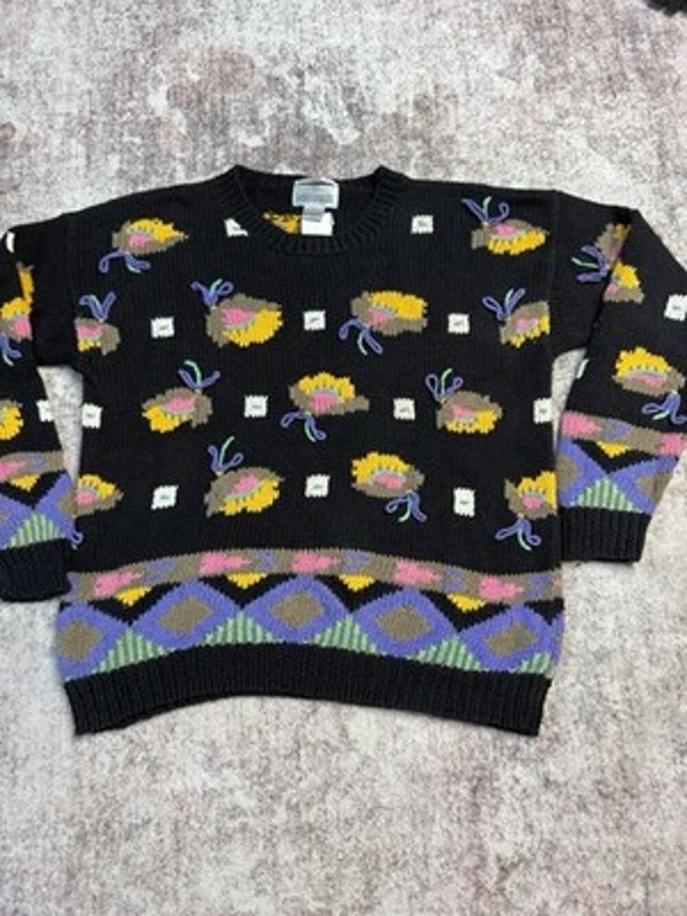 Vintage 80s Hand Knit Black Ramie Cotton 3D Floral Sweater L Grandmacore Chunky